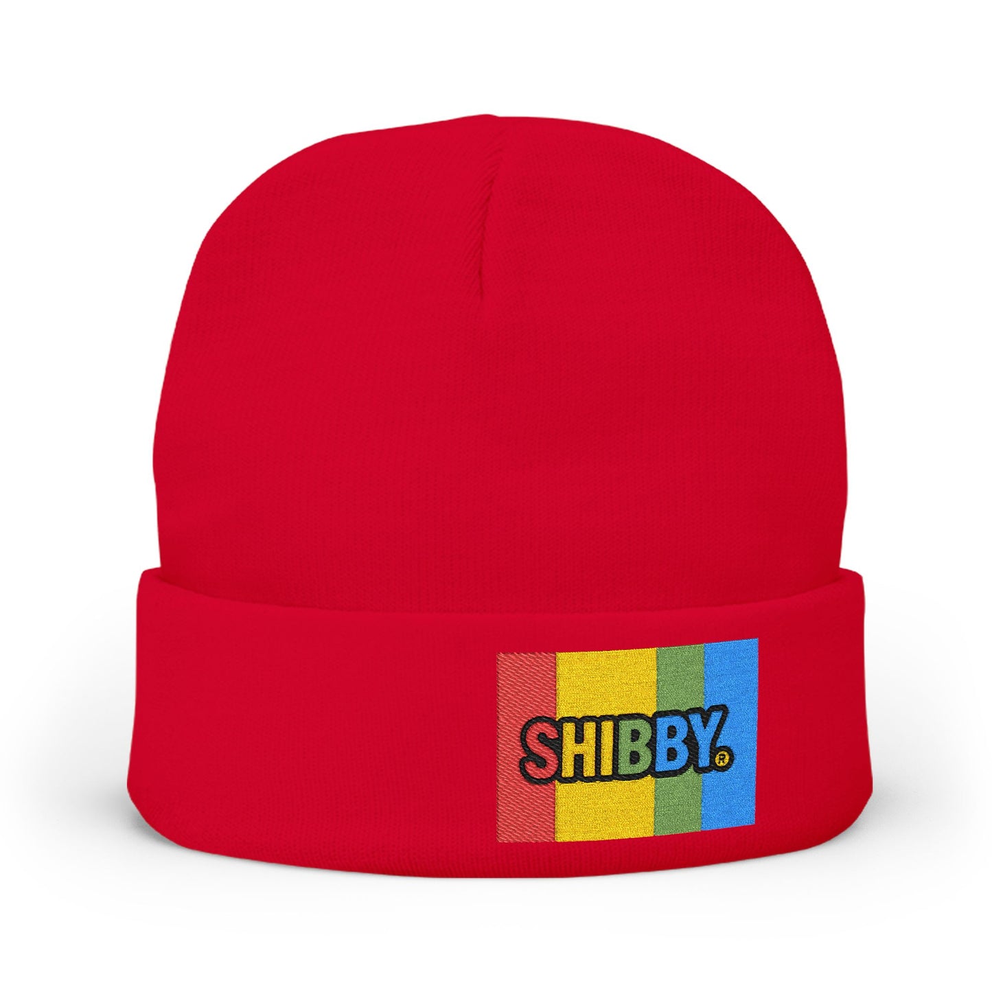 Embroidered "SHIBBY" Rainbow Knit Beanie – Cozy Retro Winter Hat