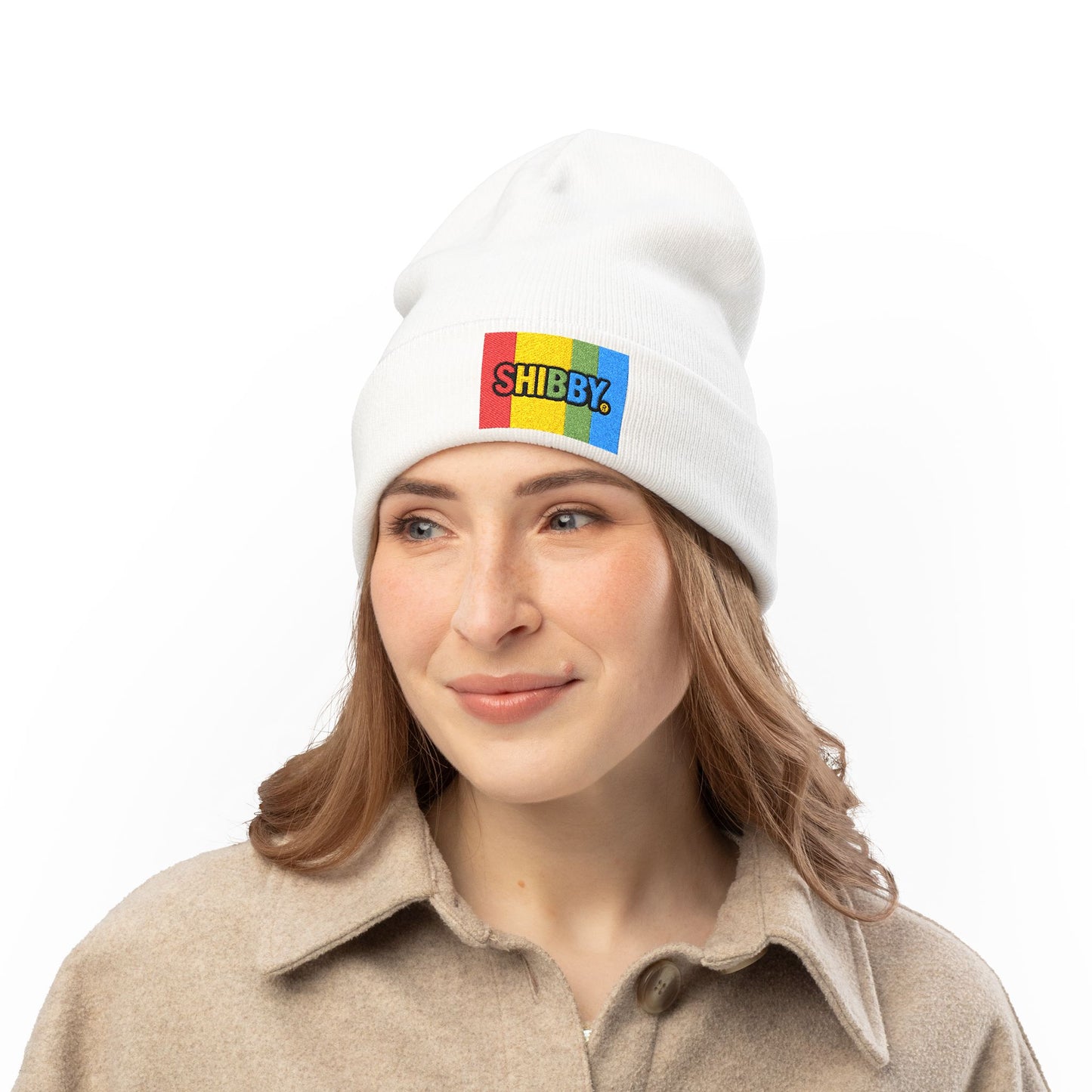 Embroidered "SHIBBY" Rainbow Knit Beanie – Cozy Retro Winter Hat