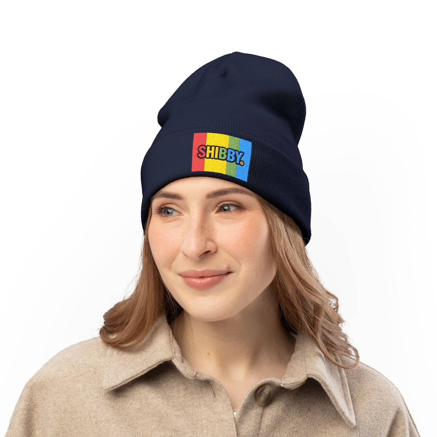 Embroidered "SHIBBY" Rainbow Knit Beanie – Cozy Retro Winter Hat