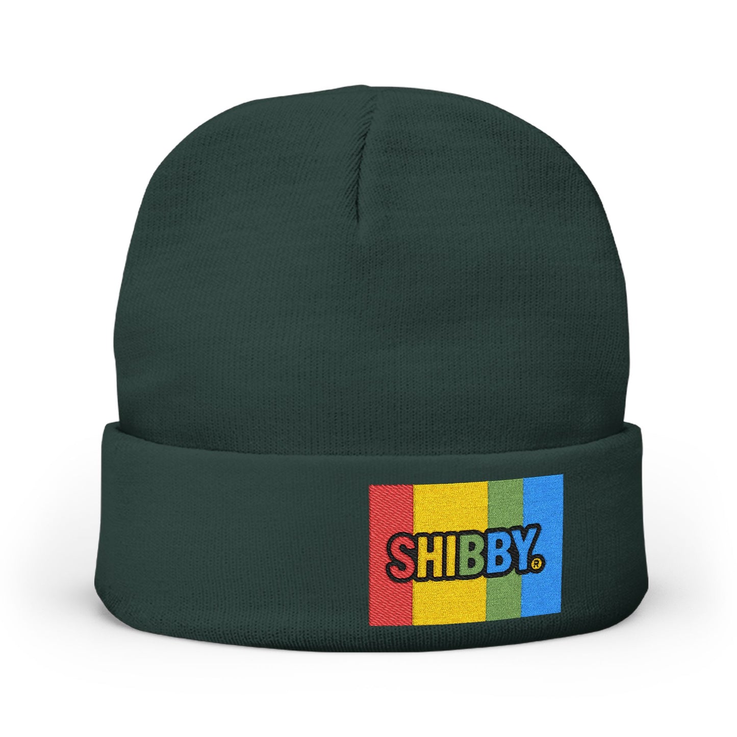 Embroidered "SHIBBY" Rainbow Knit Beanie – Cozy Retro Winter Hat