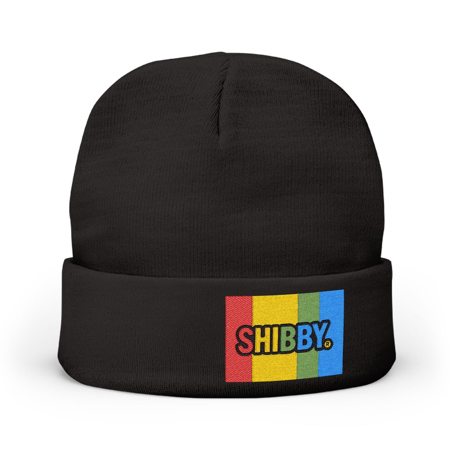 Embroidered "SHIBBY" Rainbow Knit Beanie – Cozy Retro Winter Hat