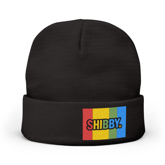 Embroidered "SHIBBY" Rainbow Knit Beanie – Cozy Retro Winter Hat
