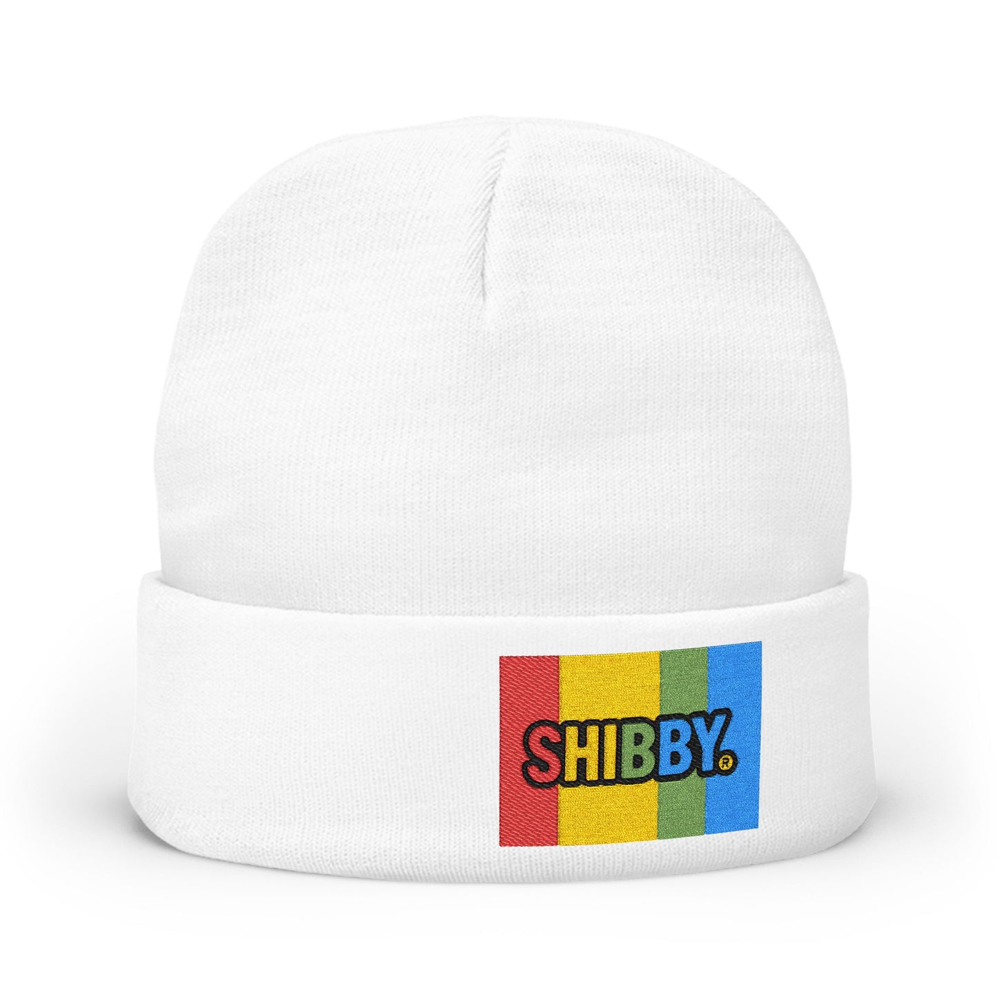 Embroidered "SHIBBY" Rainbow Knit Beanie – Cozy Retro Winter Hat