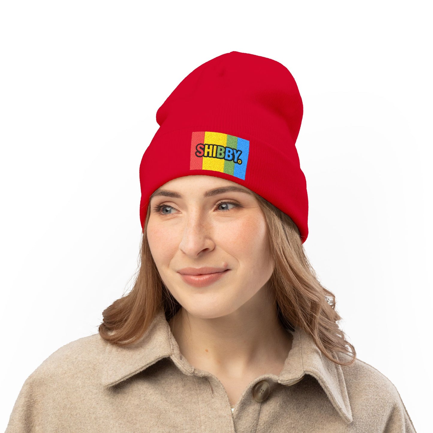 Embroidered "SHIBBY" Rainbow Knit Beanie – Cozy Retro Winter Hat